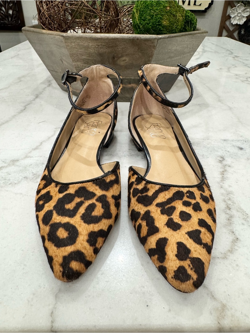 Franco Sarto Leopard Print Ankle-Strap Pointed Flats in Tan and Black